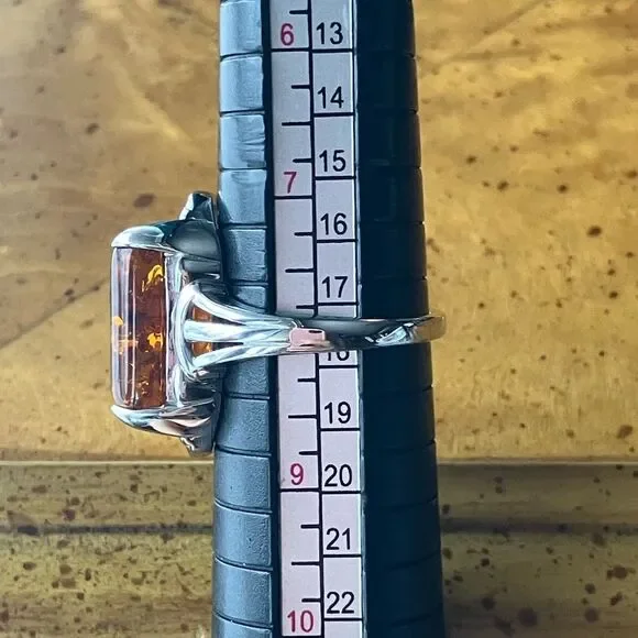 Natural Amber Sterling Silver Cocktail Ring Size 8 - Picture 9 of 10